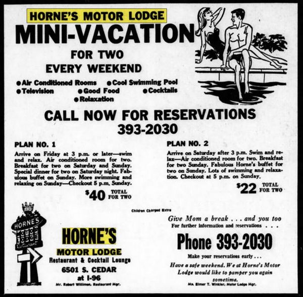 Hornes Motor Lodge & Restaurant - June 1967 Ad (newer photo)